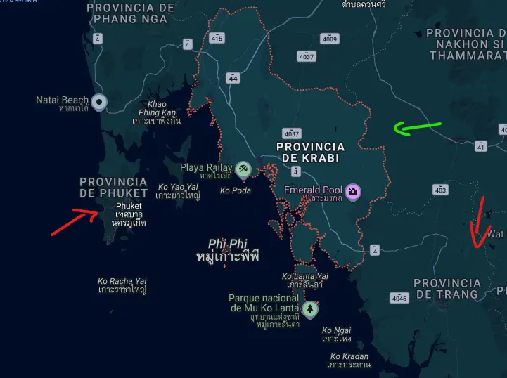 image21 Mapa de Tailandia con un marcador rojo señalando la ubicación exacta de la provincia de Krabi en la costa suroeste, bañada por el mar de Andamán.