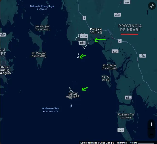 image8 Mapa regional de Krabi, Tailandia, señalando las ubicaciones de la Playa de Railay y el archipiélago de las Islas Phi Phi en el Mar de Andamán
